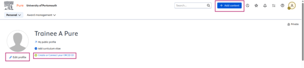 A screenshot of a Pure profile page. It highlights the location of the buttons for editing the profile, creating or connecting an ORCiD ID, and adding new content.
